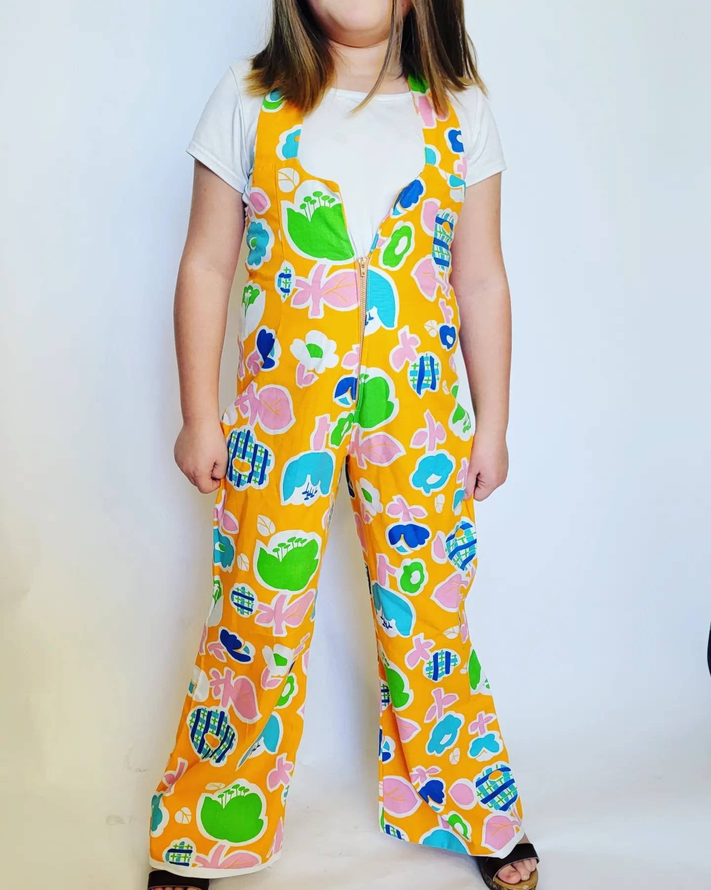 Girls 60s Vintage Flower Power Jumpsuit Bell Bottoms