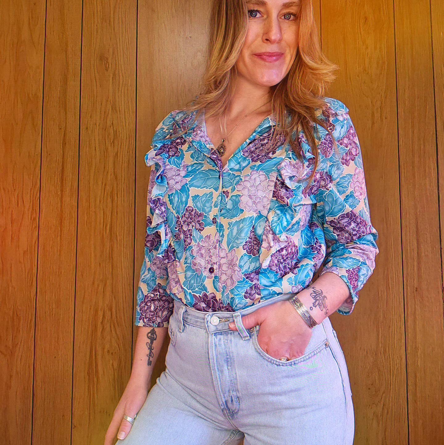 70s Floral Ruffle Top (M)