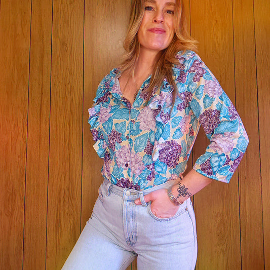 70s Floral Ruffle Top (M)