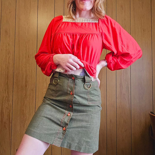 60s Green/Red/Brass A-Line Skirt (S/M)