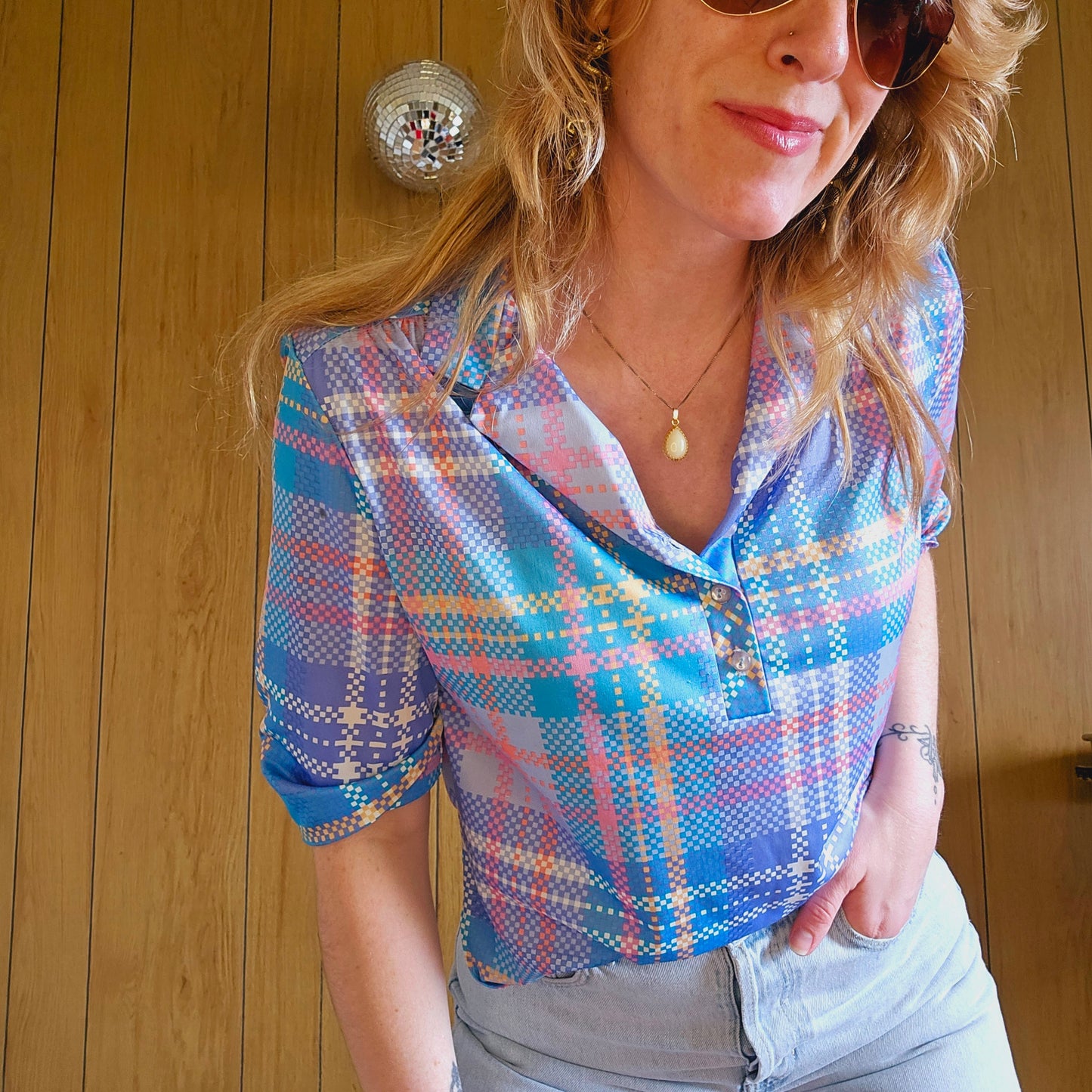 60s/70s Pastel Plaid Top (M)