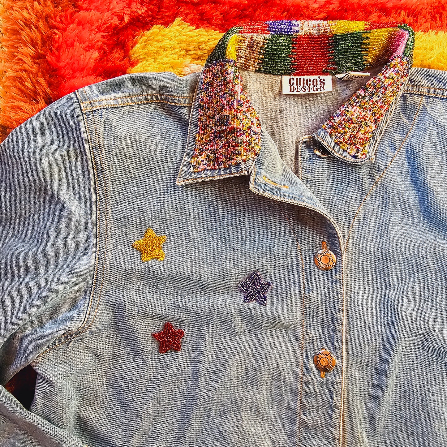 90s Chico's Designs Applique Jean Jacket (L/XL)