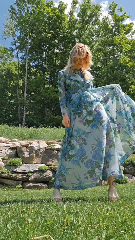 60s/70s Dreamy Floral Dress & Overlay Set (M)