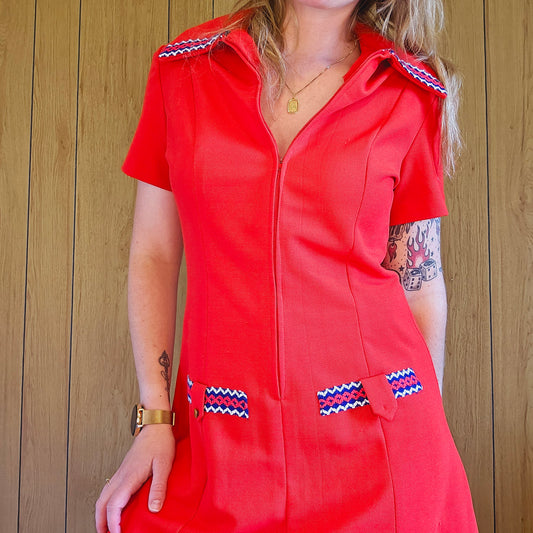 60s Red Dress with Blue White Trim (M/L)