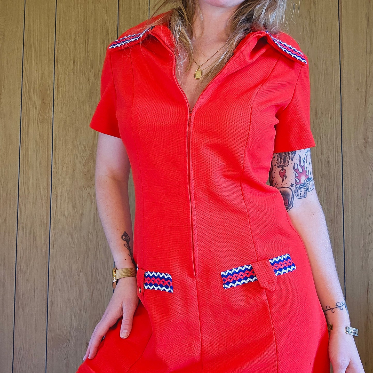 60s Red Dress with Blue White Trim (M/L)