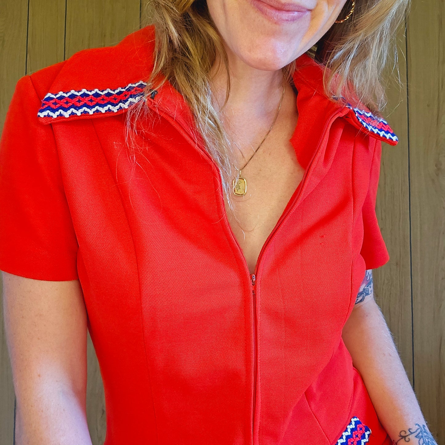 60s Red Dress with Blue White Trim (M/L)