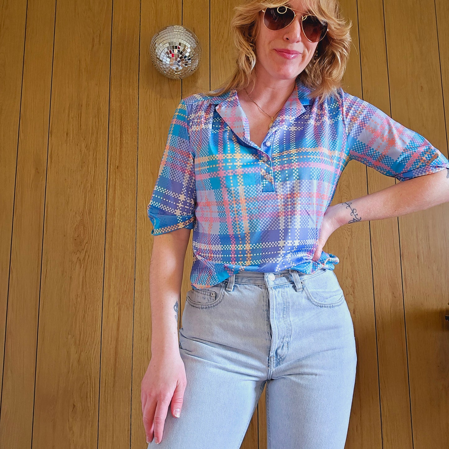 60s/70s Pastel Plaid Top (M)