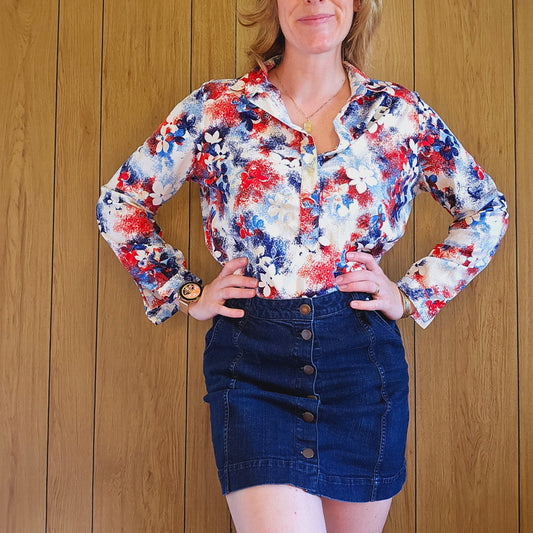 70s/80s Red White Blue Floral Button Down (L)