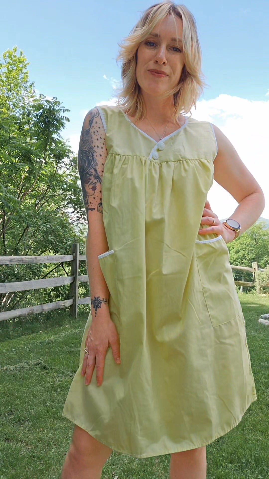 60s Yellow & White Nightgown with Pockets (S-L)