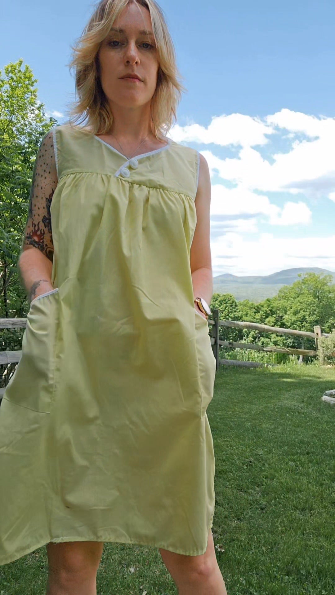 60s Yellow & White Nightgown with Pockets (S-L)