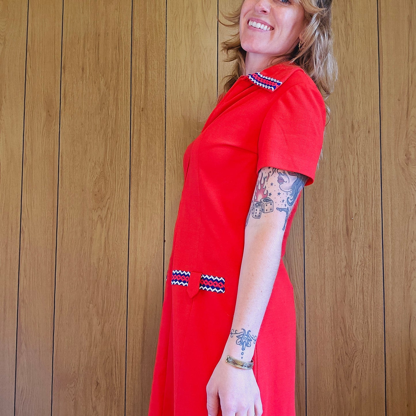 60s Red Dress with Blue White Trim (M/L)