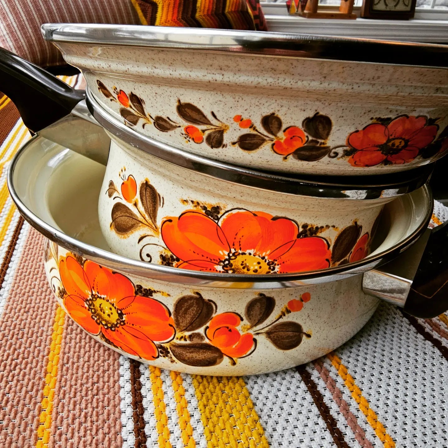 Vintage 70's Sanko Ware Orange Poppy Porcelain Clad Steel Dutch