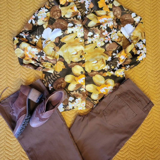 60s/70s Koawaiian Floral Top! M/L, yellow brown